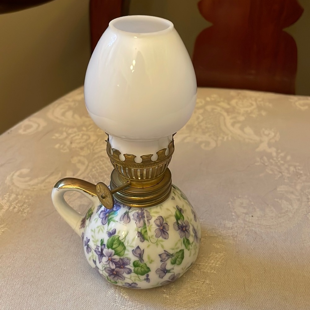 Lefton China hand painted violet chintz oil lamp with white chimney, EUC